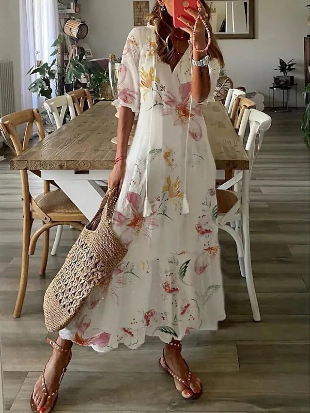 V Neck Half Sleeve Loose Floral Maxi Dress
