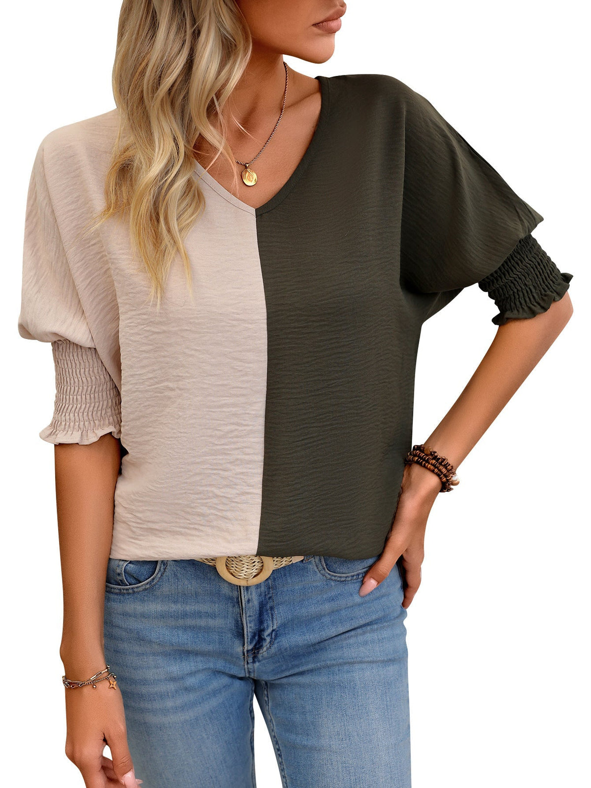 Color Block V Neck T-Shirt, Casual Shirred Lantern Sleeve T-Shirt
