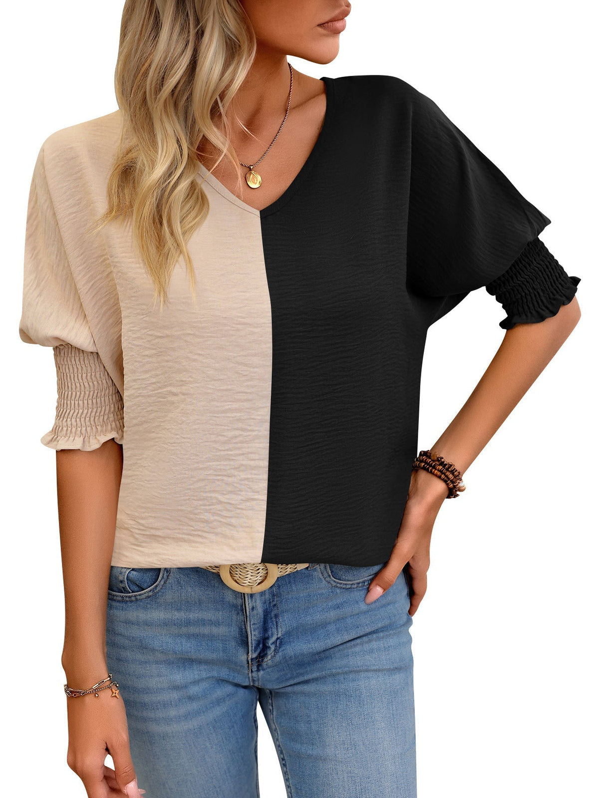Color Block V Neck T-Shirt, Casual Shirred Lantern Sleeve T-Shirt
