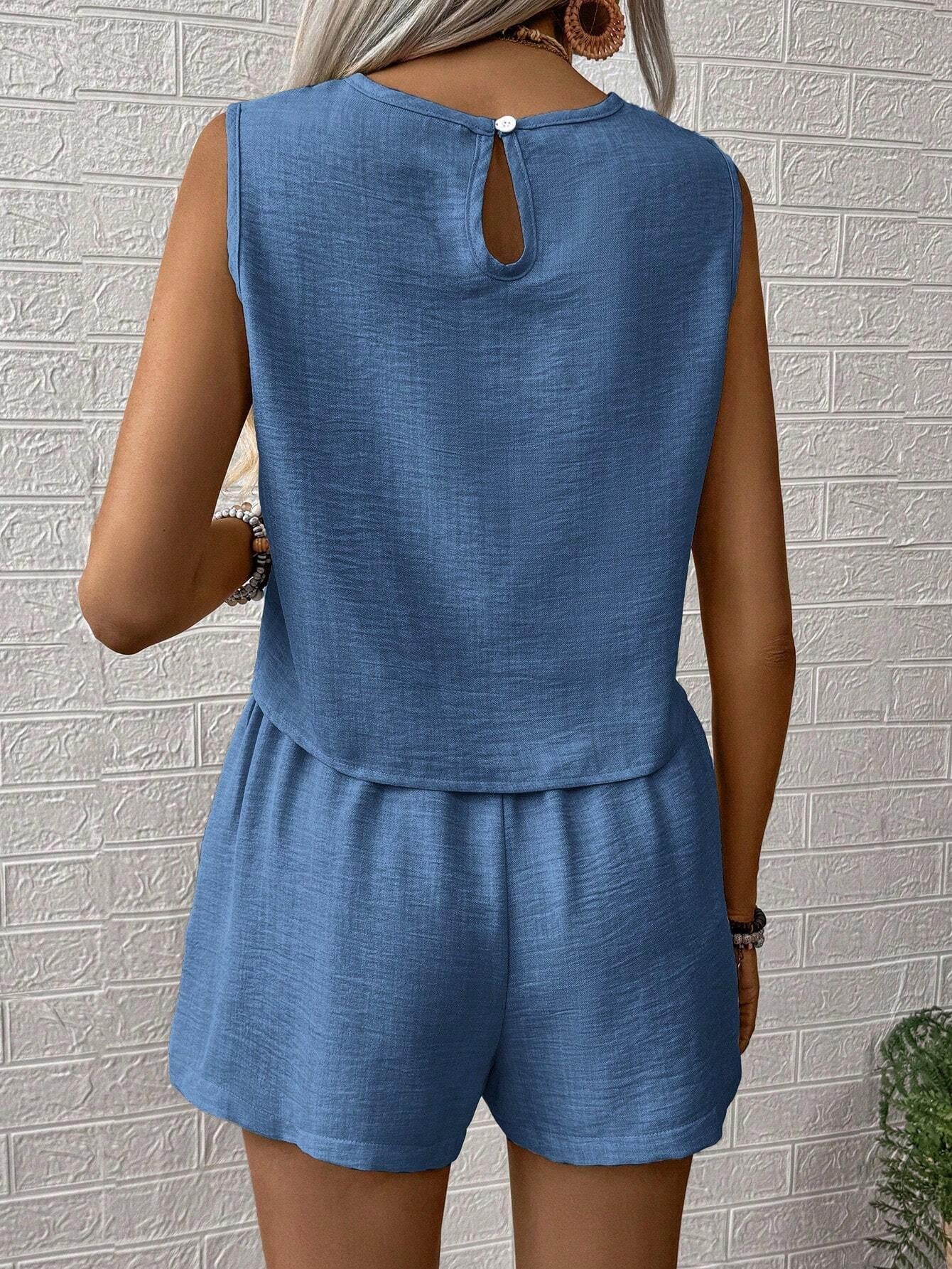 Casual Solid Color Shorts Set, Crew Neck Sleeveless Tank Top & High Waist Shorts Outfits