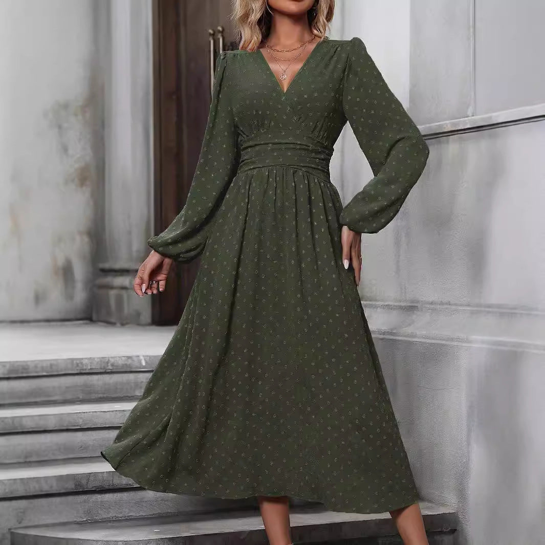 Floral Balloon Sleeve Spring/Fall Dress V Neck Long Sleeve A-Line Dress