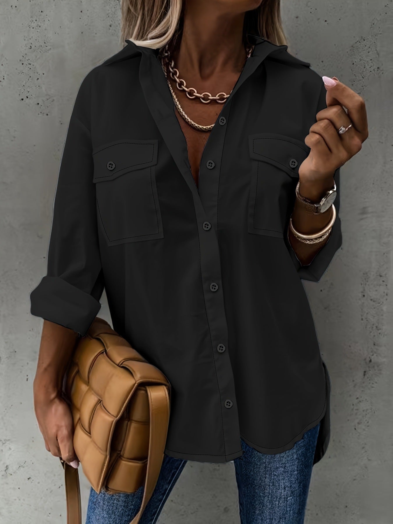 Button Front Long Sleeve Shirt, Casual Solid Office Shirt With Collar