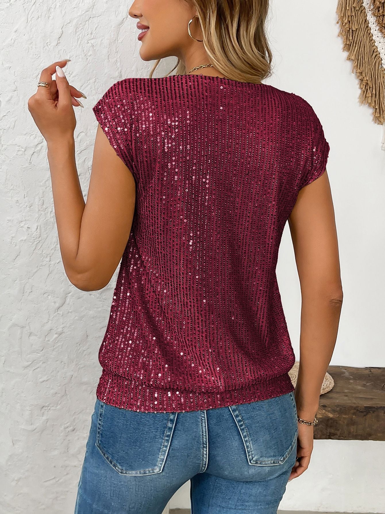 V Neck Sequined Solid Color Short Sleeved Top