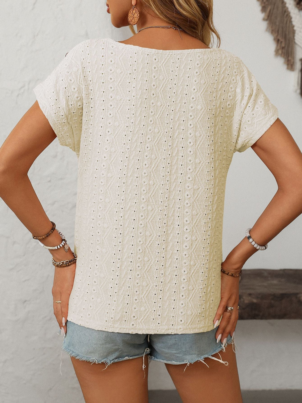 Solid Color Round Neck Shoulder Button Embroidery Hollow Short Sleeved T-shirt
