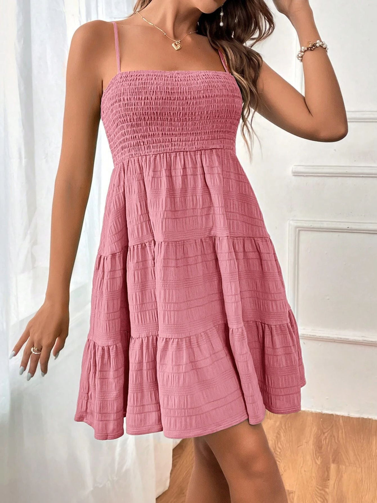 Spaghetti Strap Shirred Dress, Casual Solid Tiered Sleeveless Dress