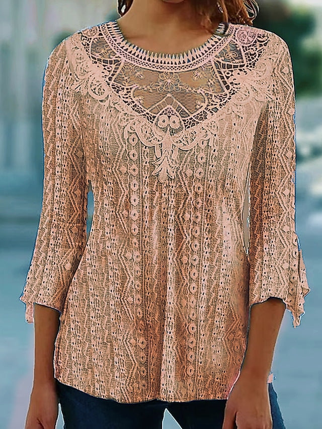 Plain Lace 3/4 Length Sleeve Casual Vintage Fashion Basic Round Neck Blouse