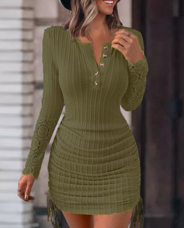 Contrast Lace Ruched Dress, Elegant Drawstring Button Front Dress