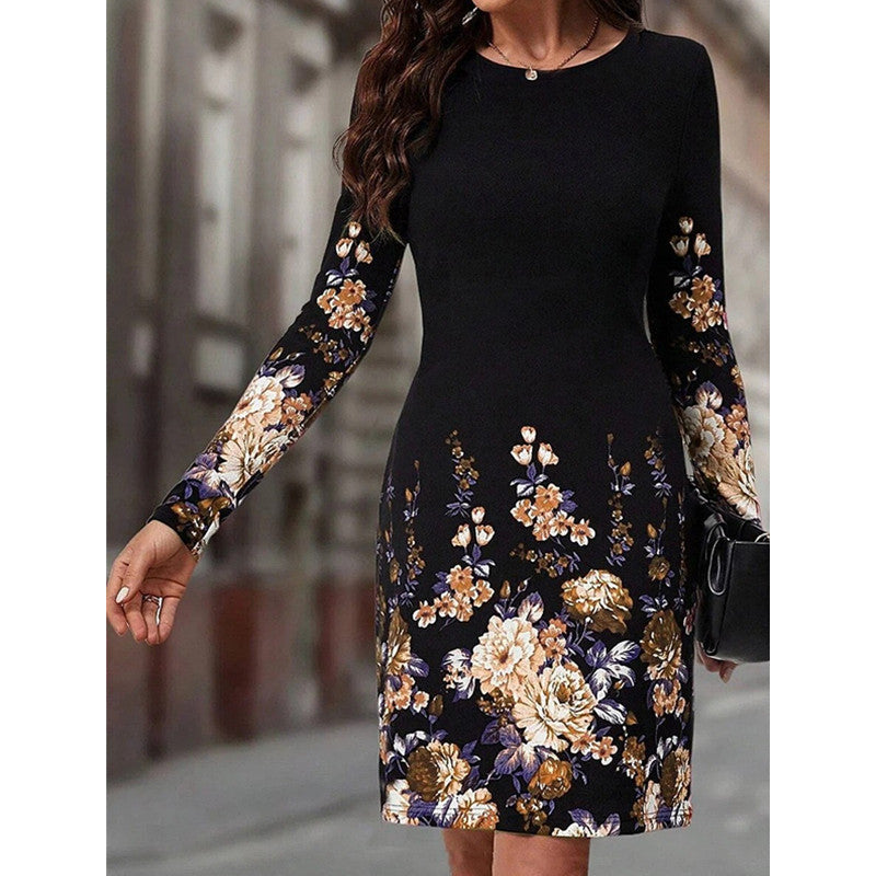 Long Sleeve Spring/Fall Floral Crew Neck Daily Going Out Casual H-Line Midi Dress