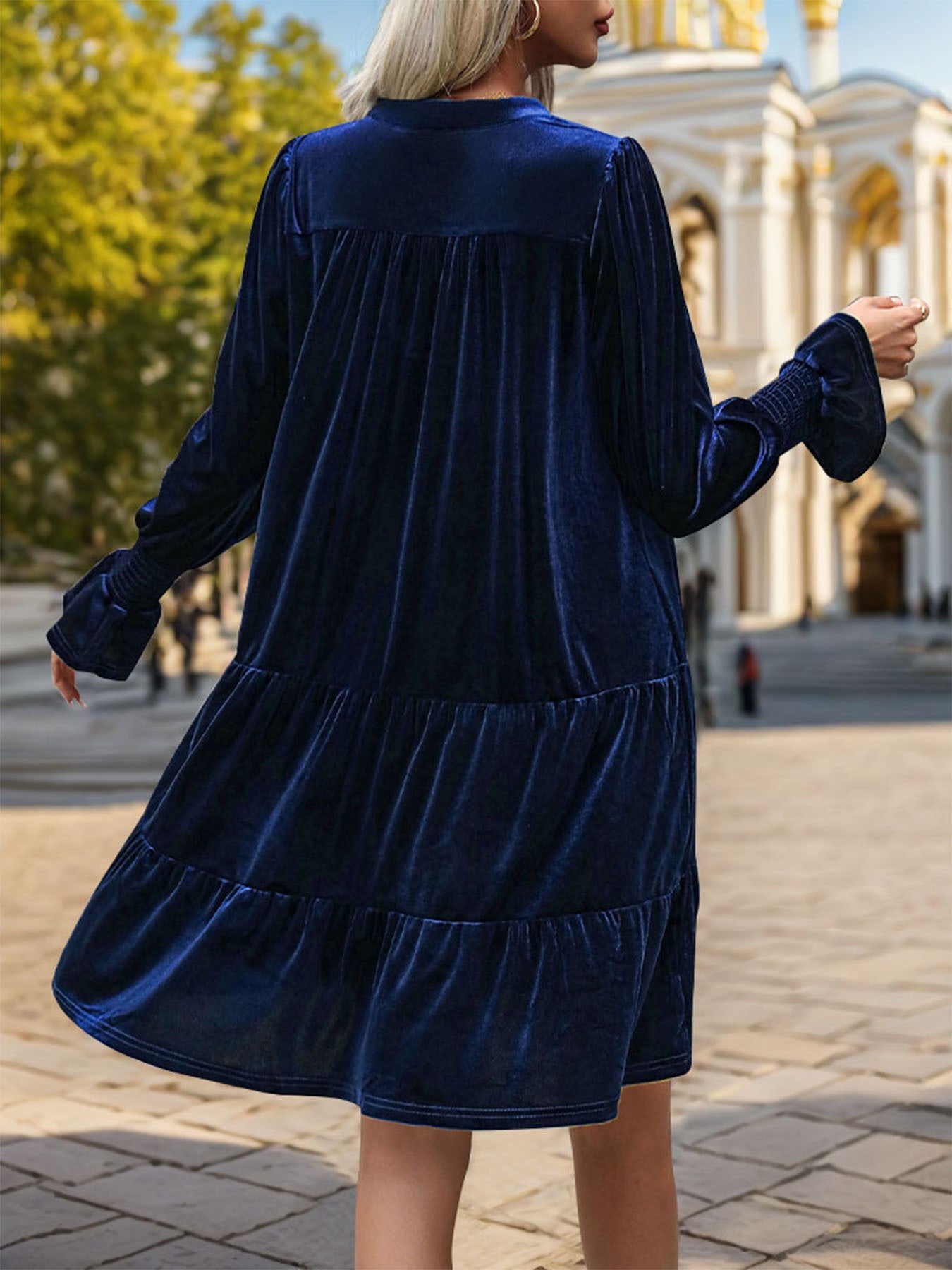 Women's Layered Hollow-Out Long Sleeve Dress, Elegant V-Neck, Solid Color, Adult Fashion Dress