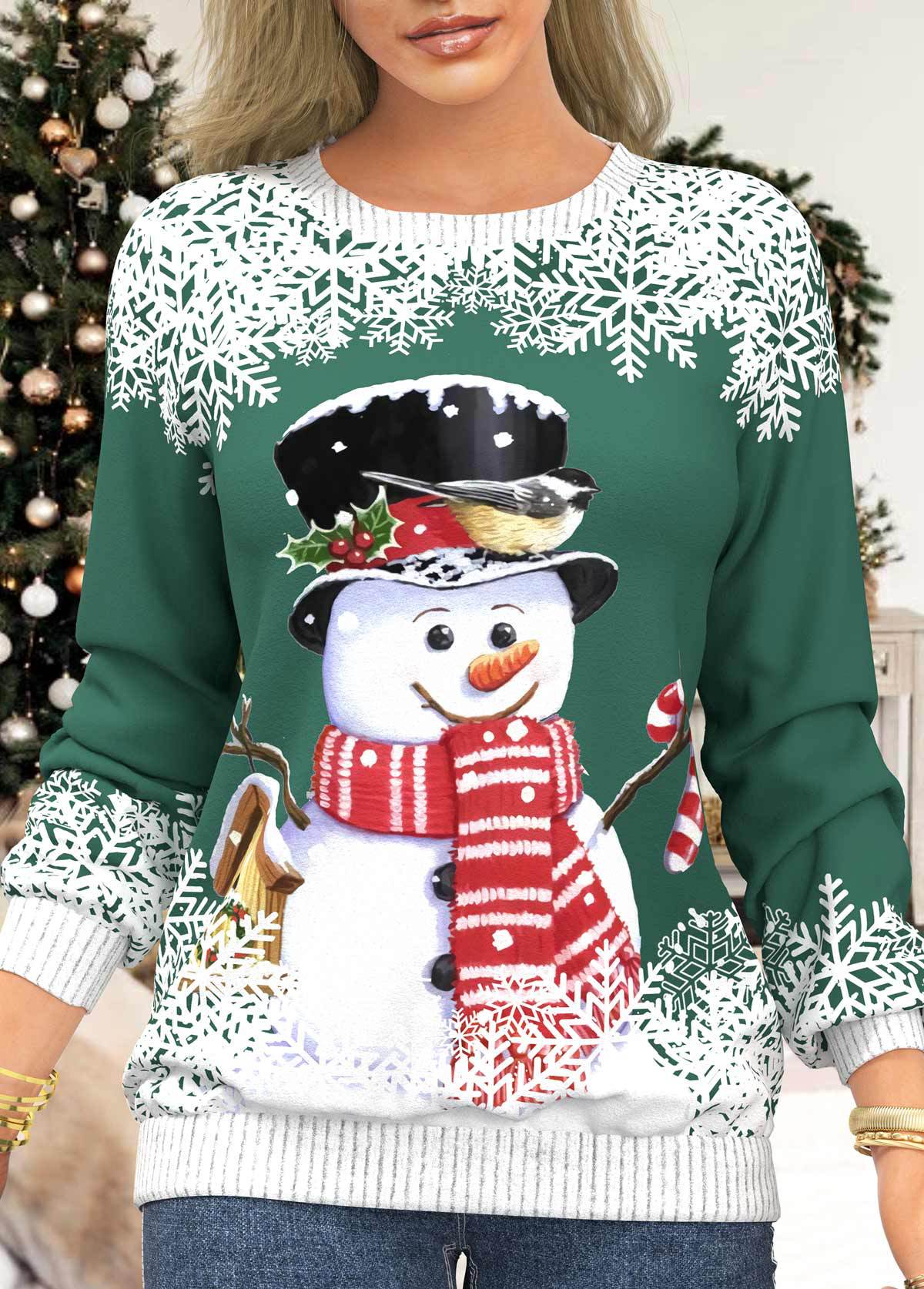 Snowman & Snowflake Print Sweatshirt, Casual Long Sleeve Crew Neck Sweatshirt