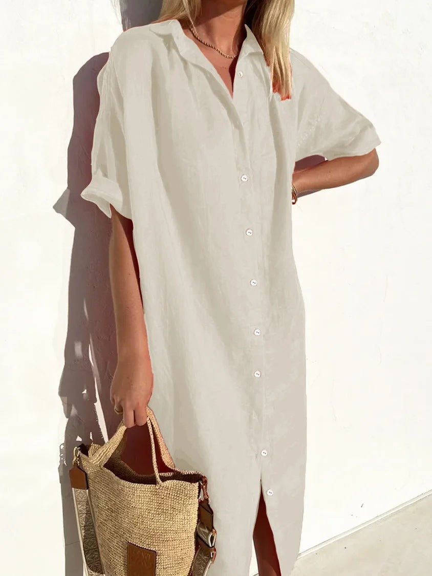 Solid Color Half Sleeve Button Down Maxi Dress