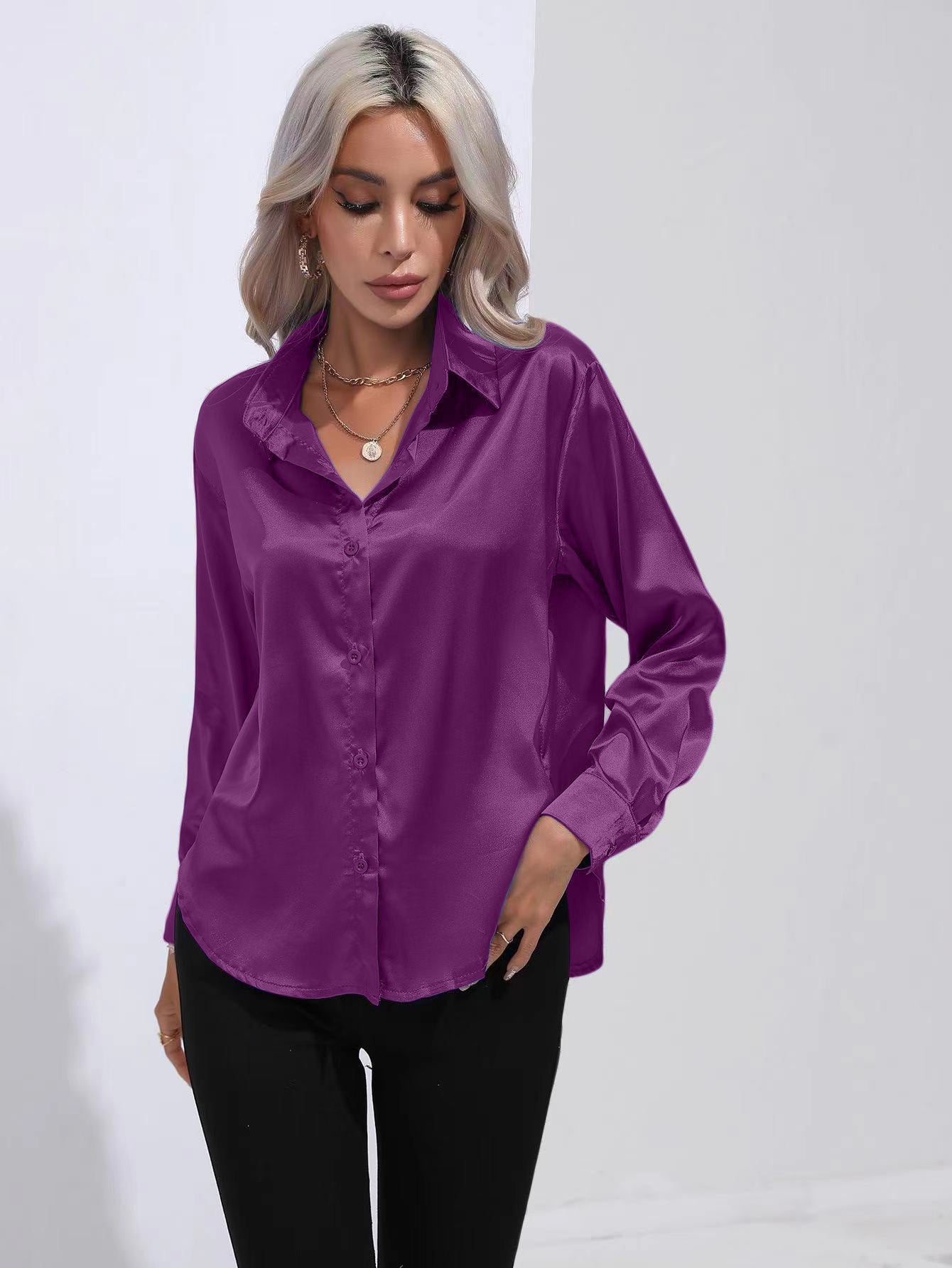 Lapel-collar Satin-satin-faux Silk Long-sleeved Shirt