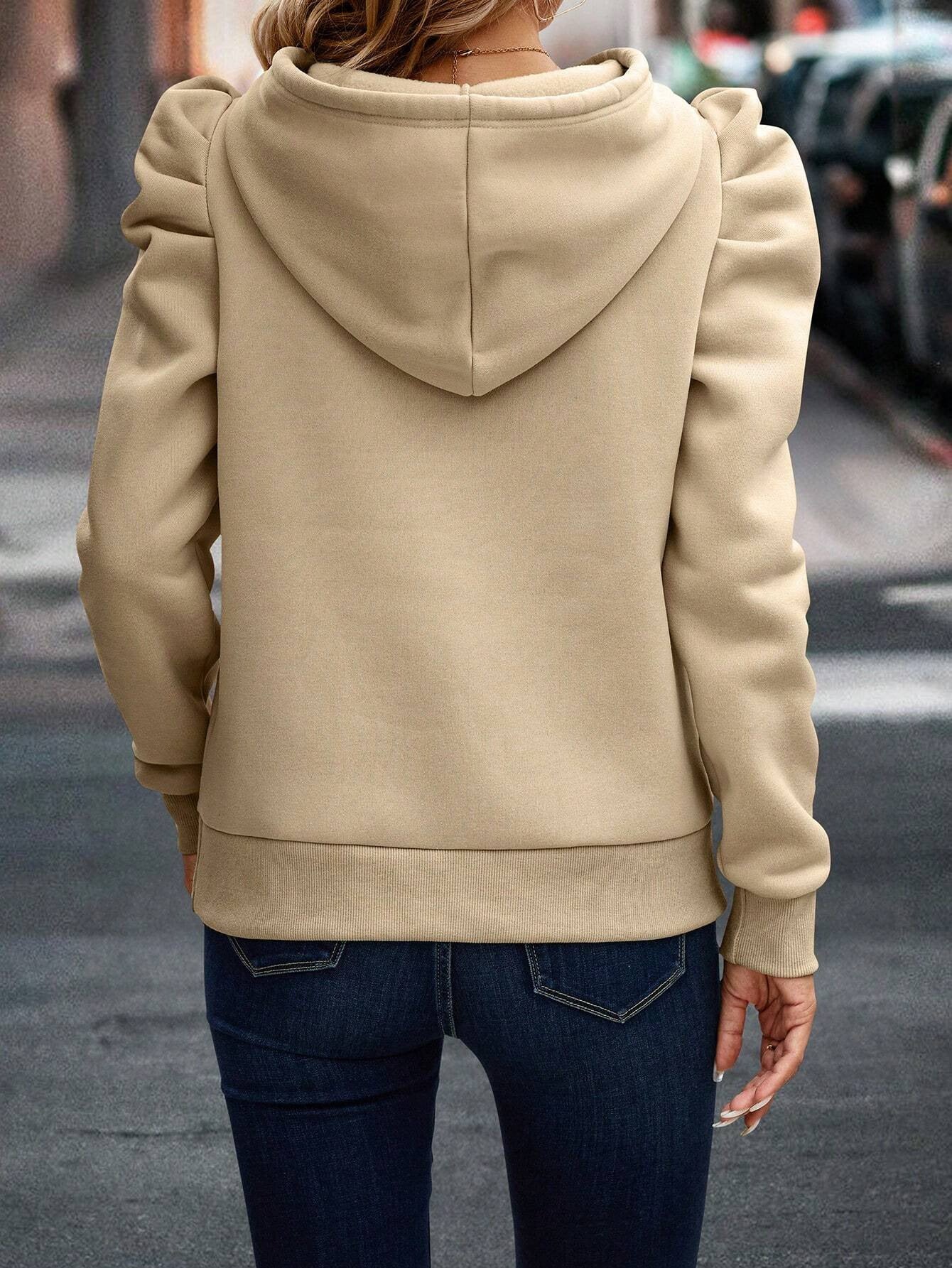 Women's Solid Color Drawstring Hoodie - Casual, Long Puff Sleeve, Soft, Warm, and Cozy Sweatshirt