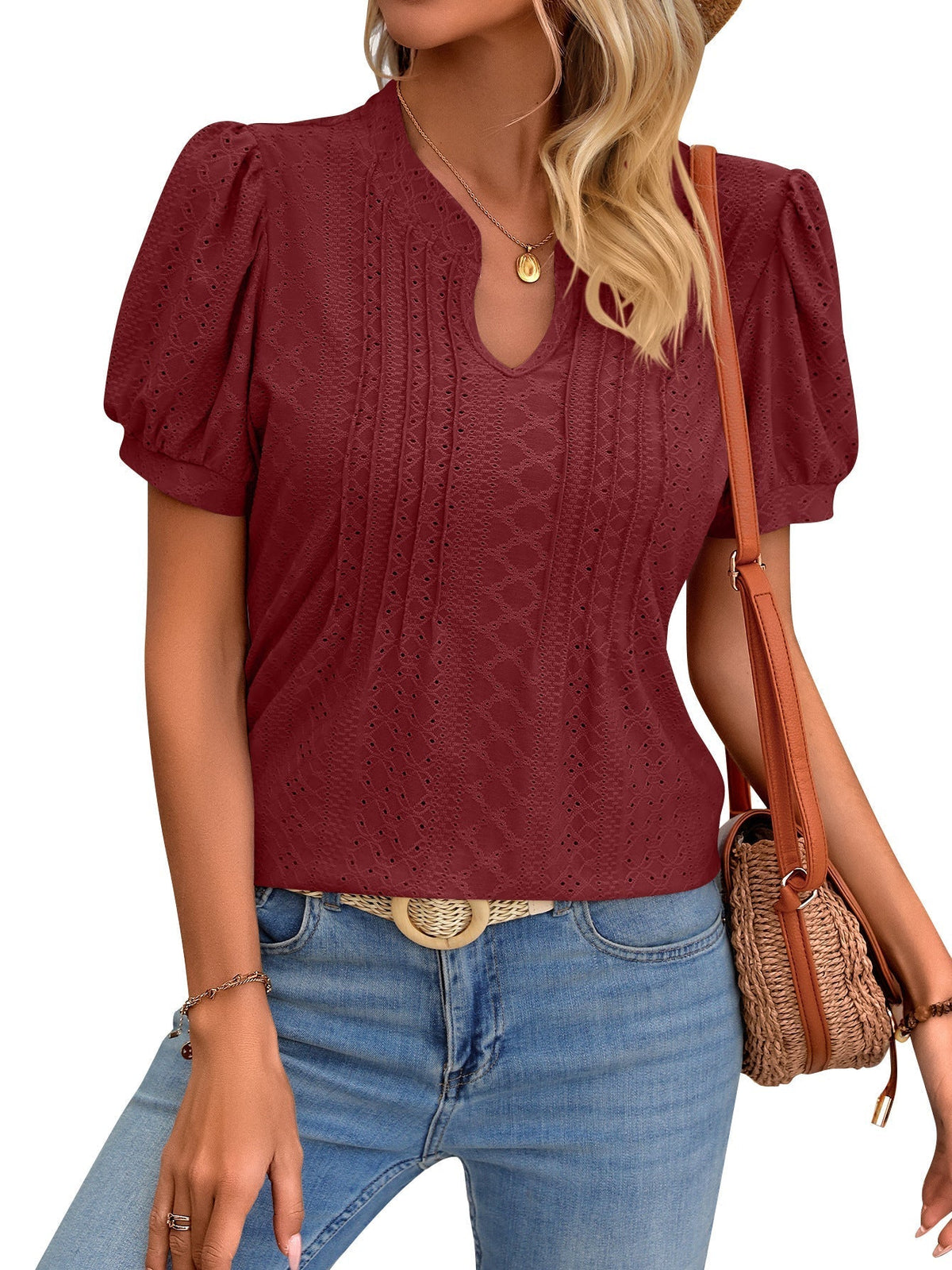Women's Casual V-Neck Puff Sleeve T-Shirt - Soft and Comfortable Solid Tee