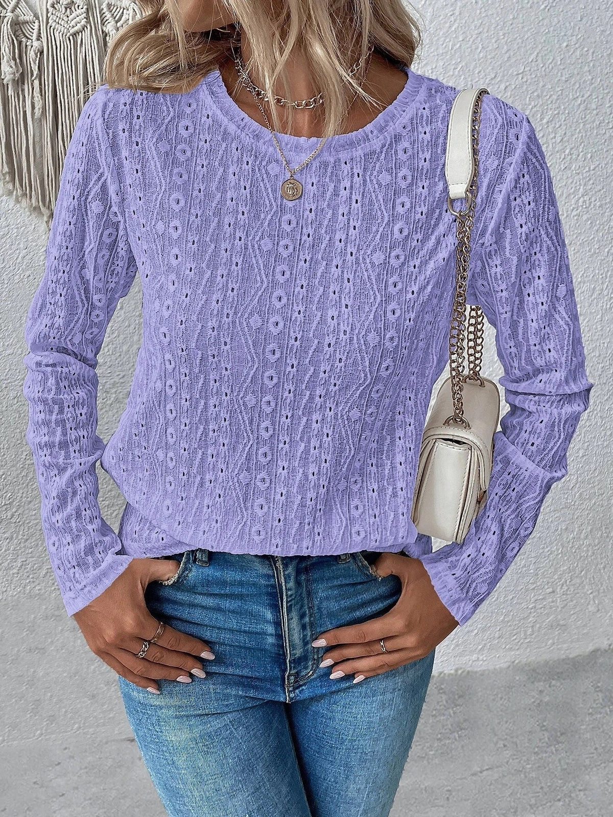 Eyelet Solid T-shirt, Casual Crew Neck Long Sleeve T-shirt