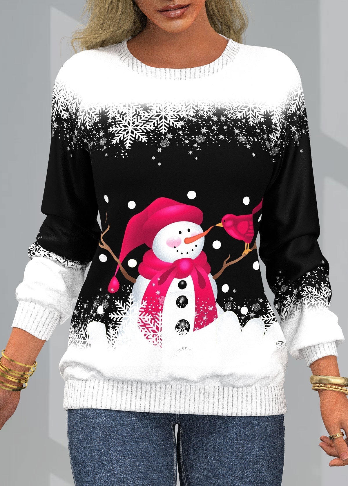 Snowman & Snowflake Print Sweatshirt, Casual Long Sleeve Crew Neck Sweatshirt