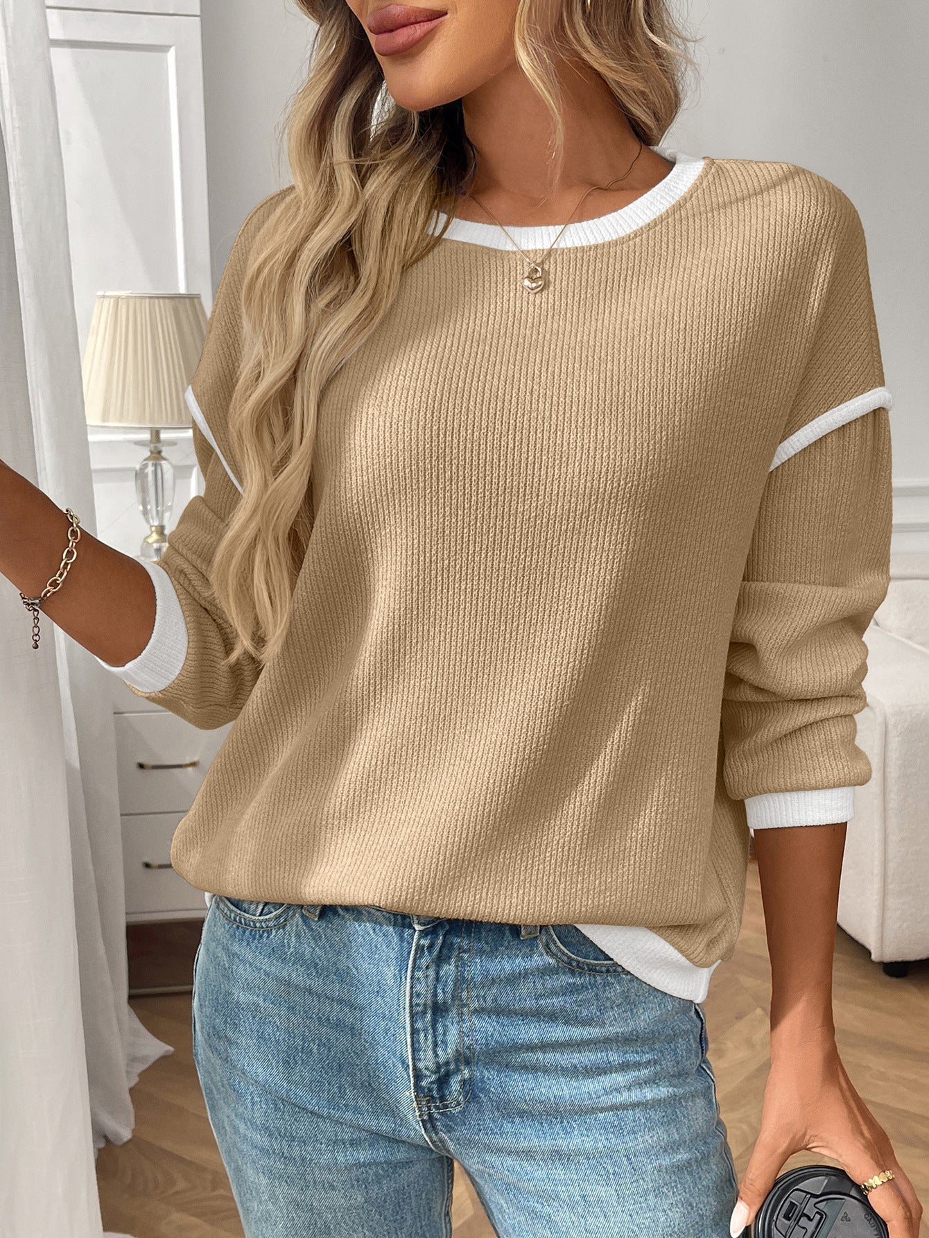 Ribbed Contrast Trim Long Sleeve Top