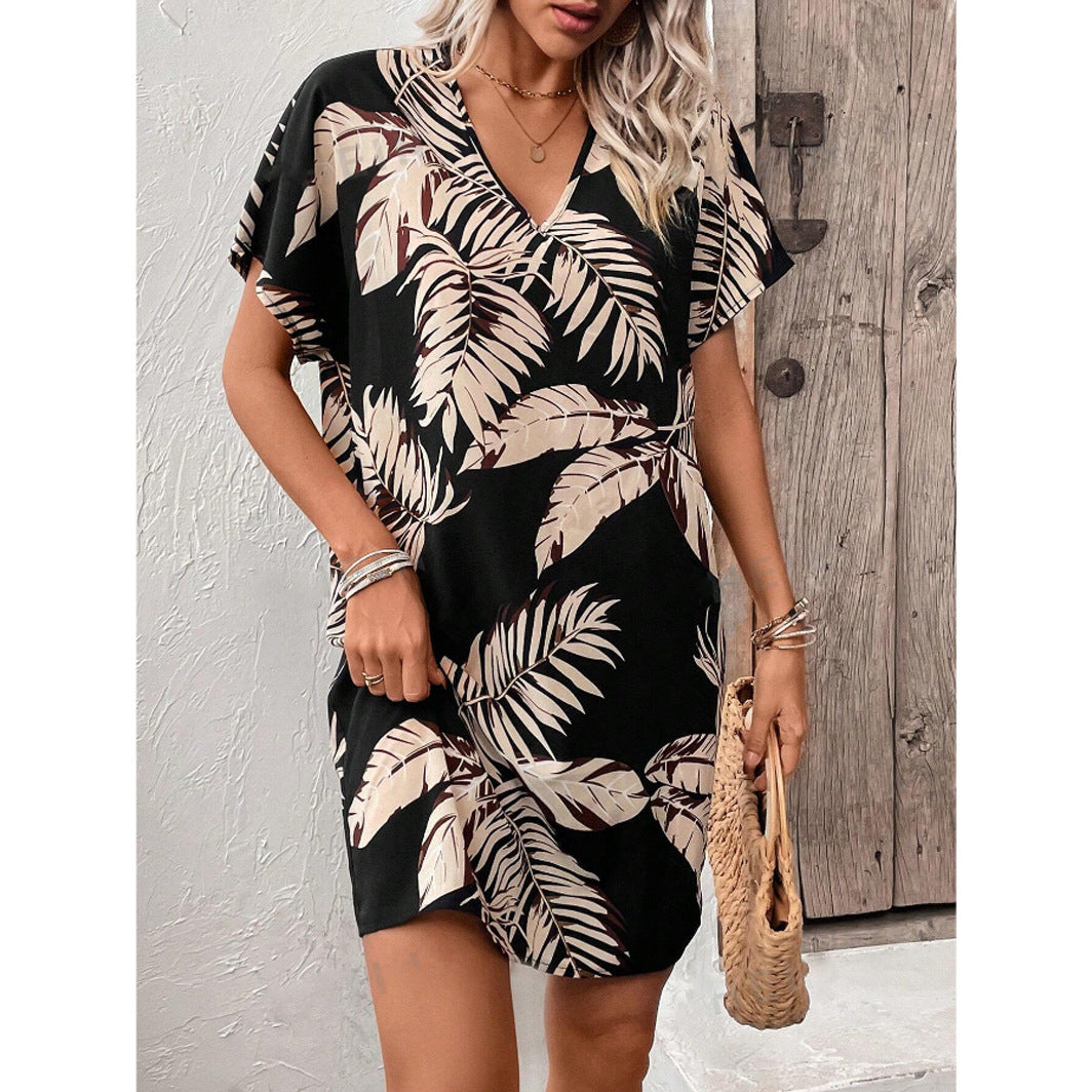 Tropical Plants Print Short V Neck Shift Dress