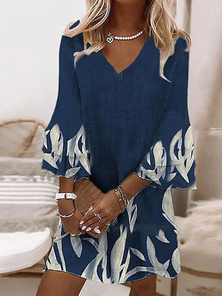 Flared Sleeve Elegant V-Neck Loose Mini Dress