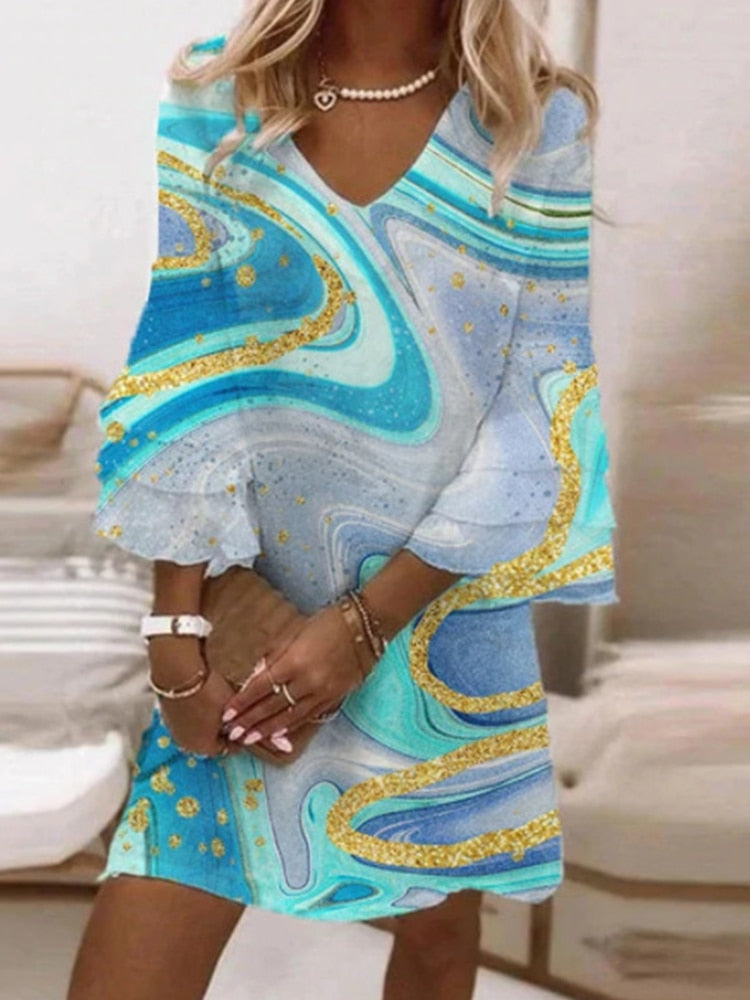 Flared Sleeve Elegant V-Neck Loose Mini Dress