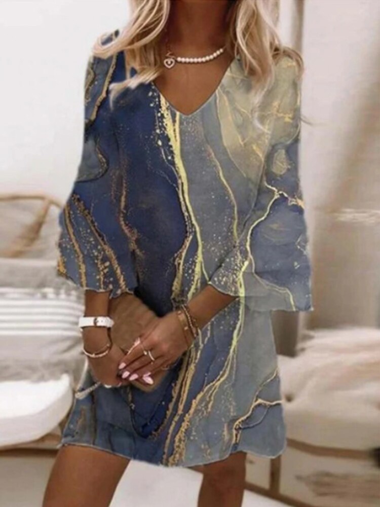 Flared Sleeve Elegant V-Neck Loose Mini Dress