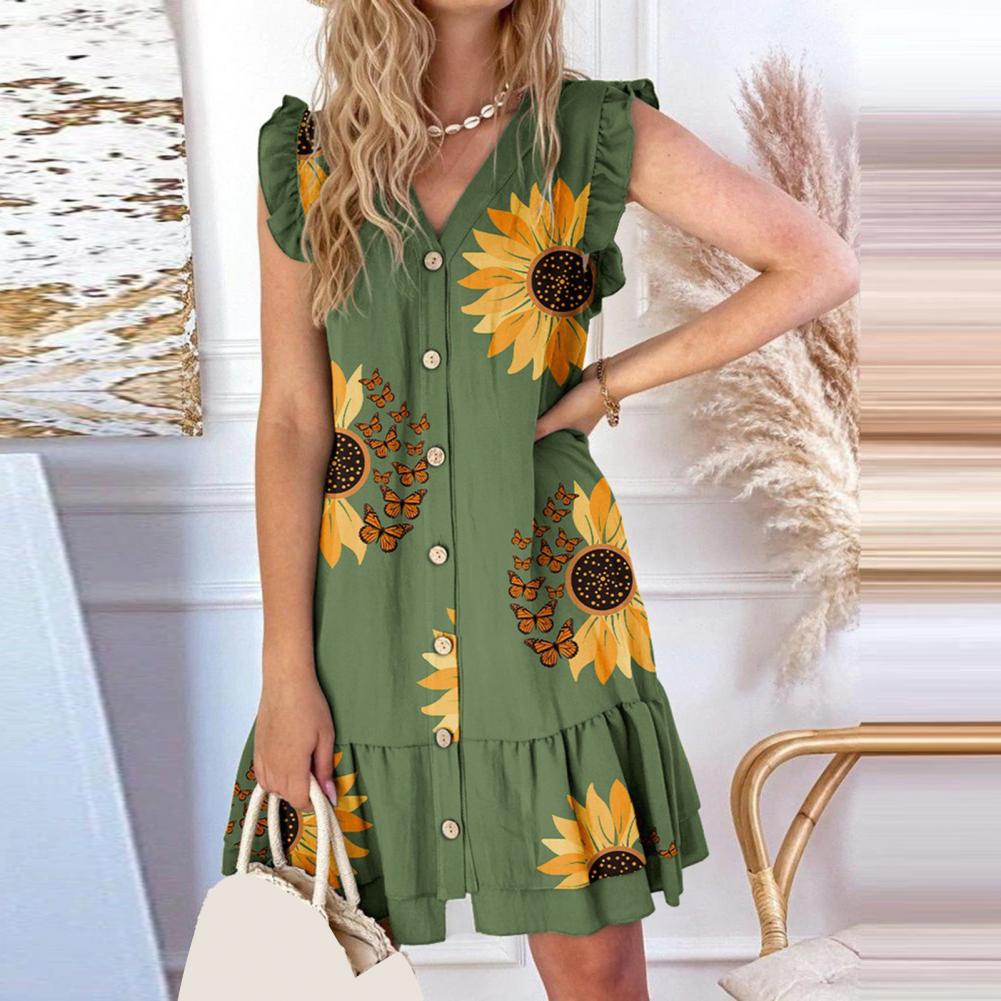 Elegant V Neck Lace Up Printed Short Sleeve Ruffle Design Flower Mini Dress
