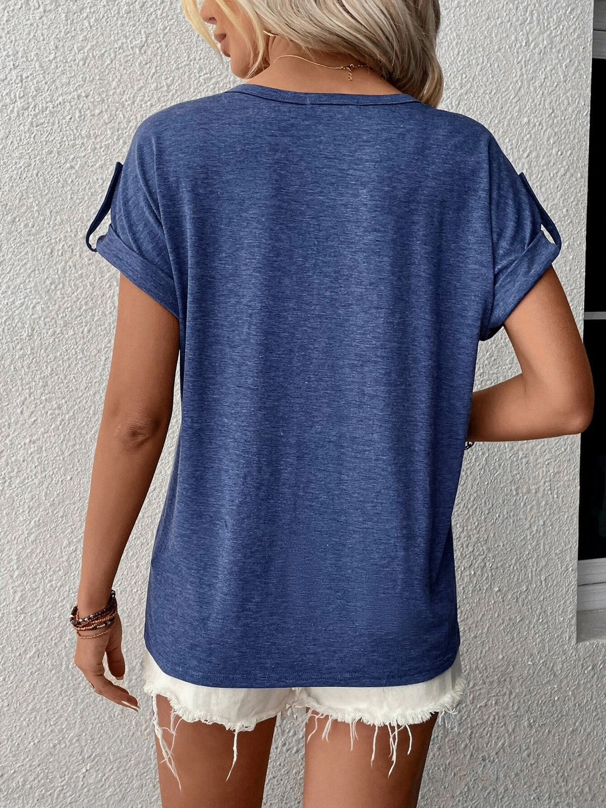 Women's Fashion Oversized Short Sleeve Solid Color V-Neck Button T-Shirt