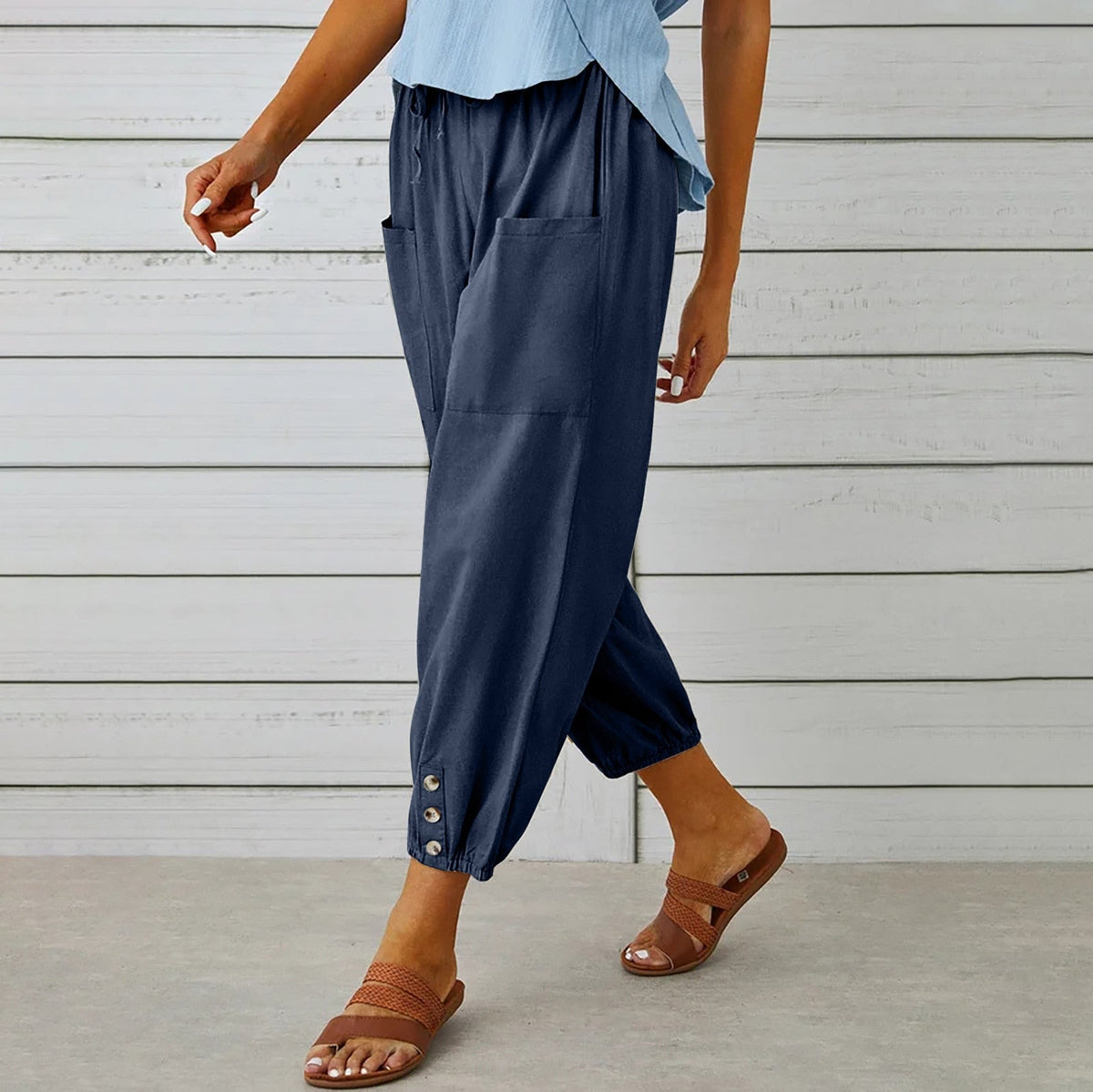 Cotton Linen Pockets Solid Loose Casual Long Trousers