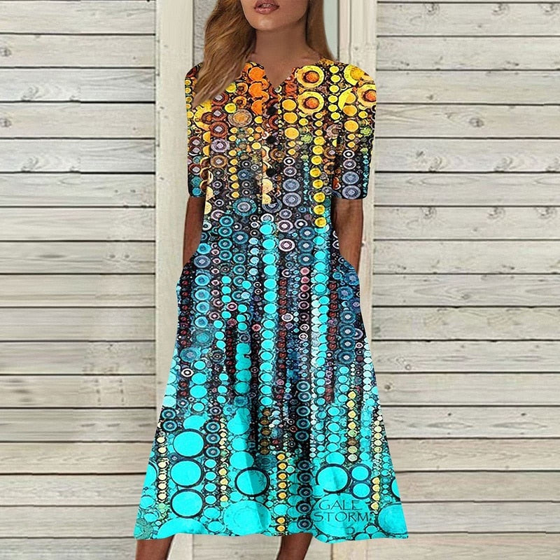 Vintage Casual Floral Print A-Line Short Sleeve Pocket Boho Dress