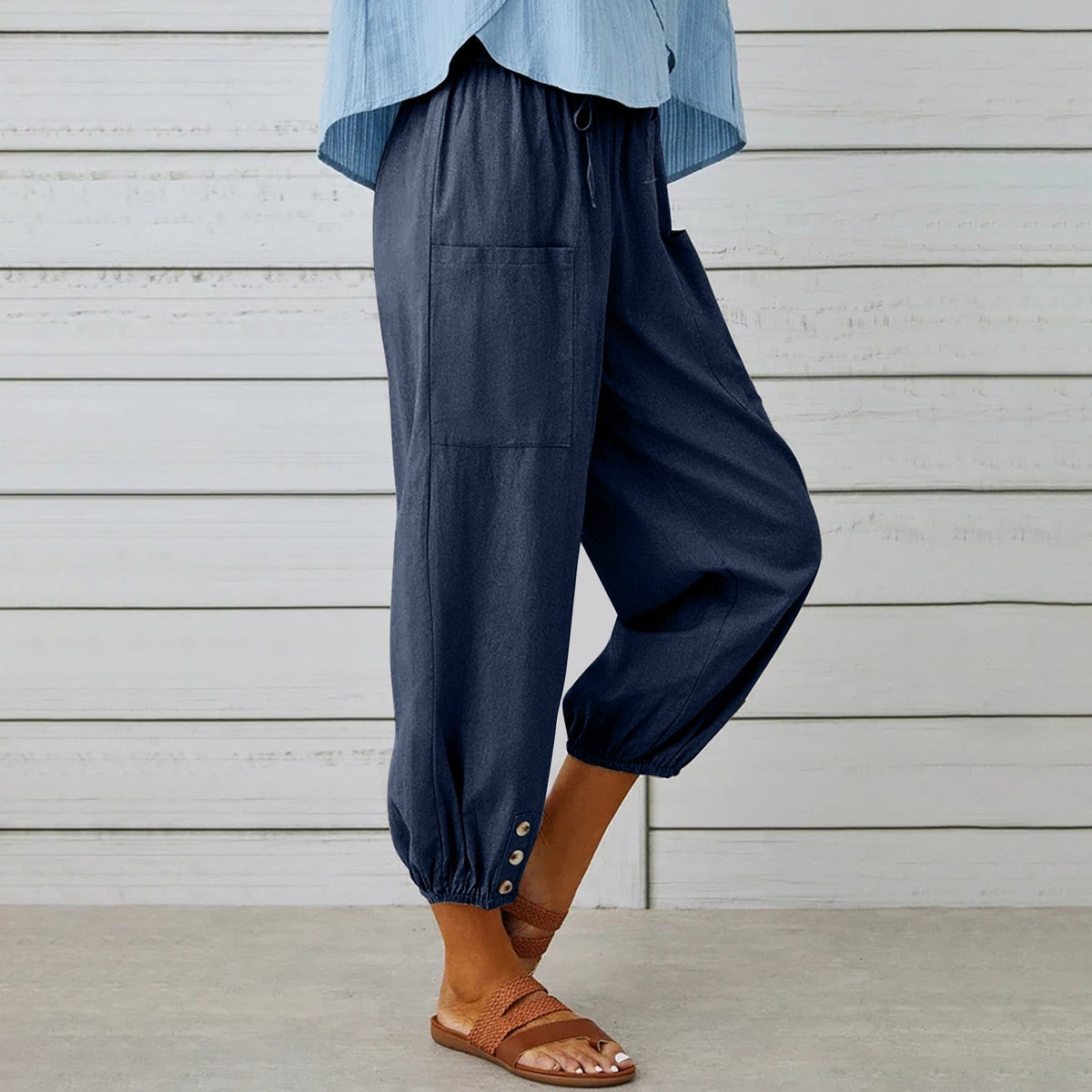 Cotton Linen Pockets Solid Loose Casual Long Trousers