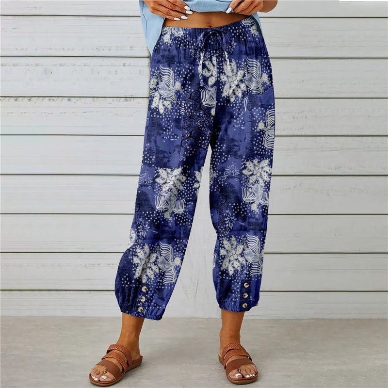 Pocket Loose Drawstring High Waist Retro Print Pants