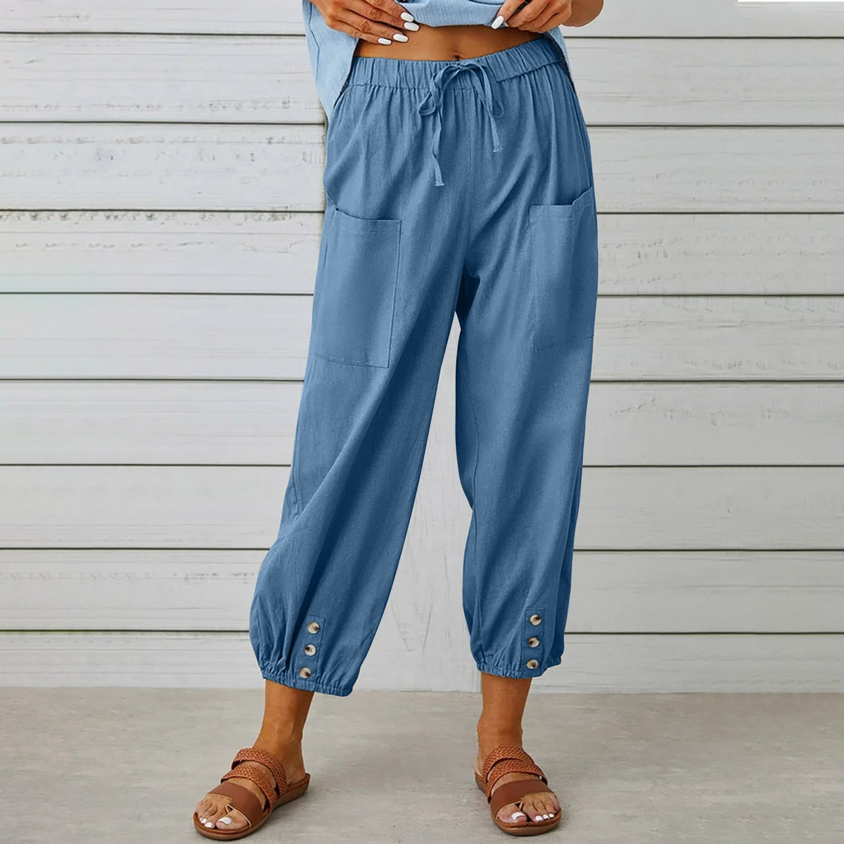 Cotton Linen Pockets Solid Loose Casual Long Trousers