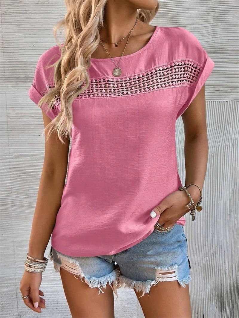 Solid Color Hollow Out Splicing Lace Short Sleeve O Neck Pullover T-Shirt