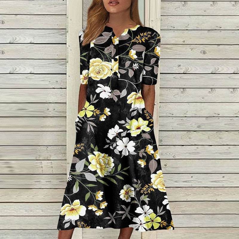 Vintage Casual Floral Print A-Line Short Sleeve Pocket Boho Dress
