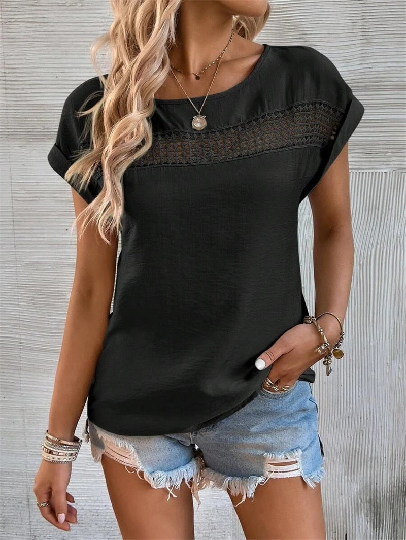 Solid Color Hollow Out Splicing Lace Short Sleeve O Neck Pullover T-Shirt
