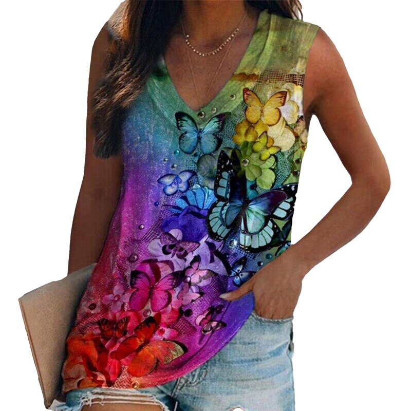 Sleeveless Multi-pattern Print V-neck Loose Tank Top