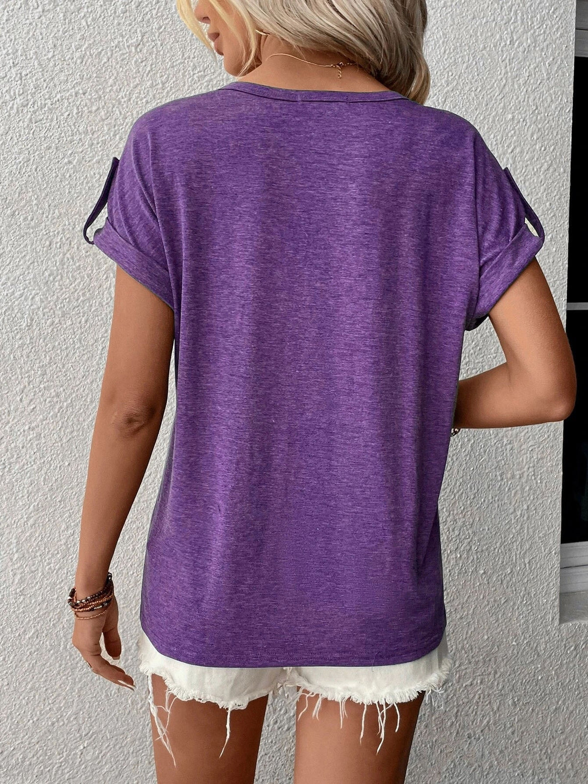 Women's Fashion Oversized Short Sleeve Solid Color V-Neck Button T-Shirt