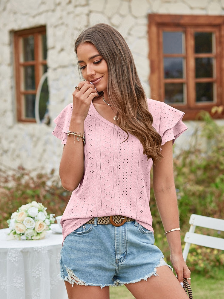 V Neck Short Sleeve Ladies Elegant Casual T-Shirts