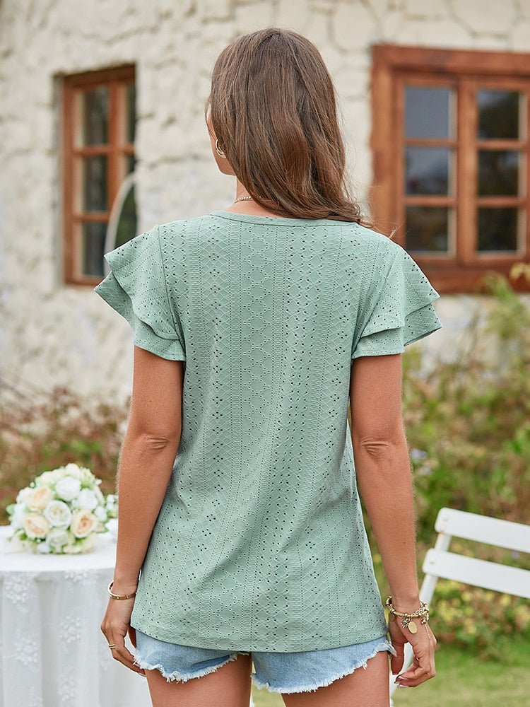 V Neck Short Sleeve Ladies Elegant Casual T-Shirts