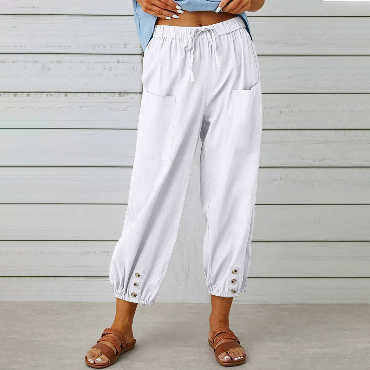 Cotton Linen Pockets Solid Loose Casual Long Trousers