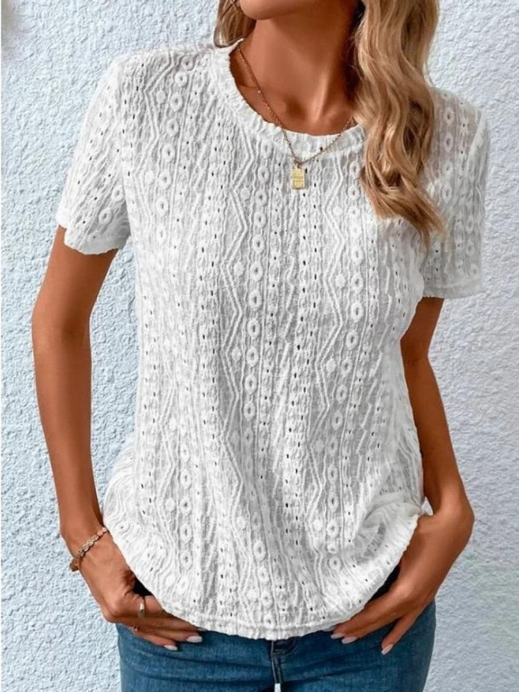 Solid Color Short Sleeve Hollow Out Round Neck T-Shirt