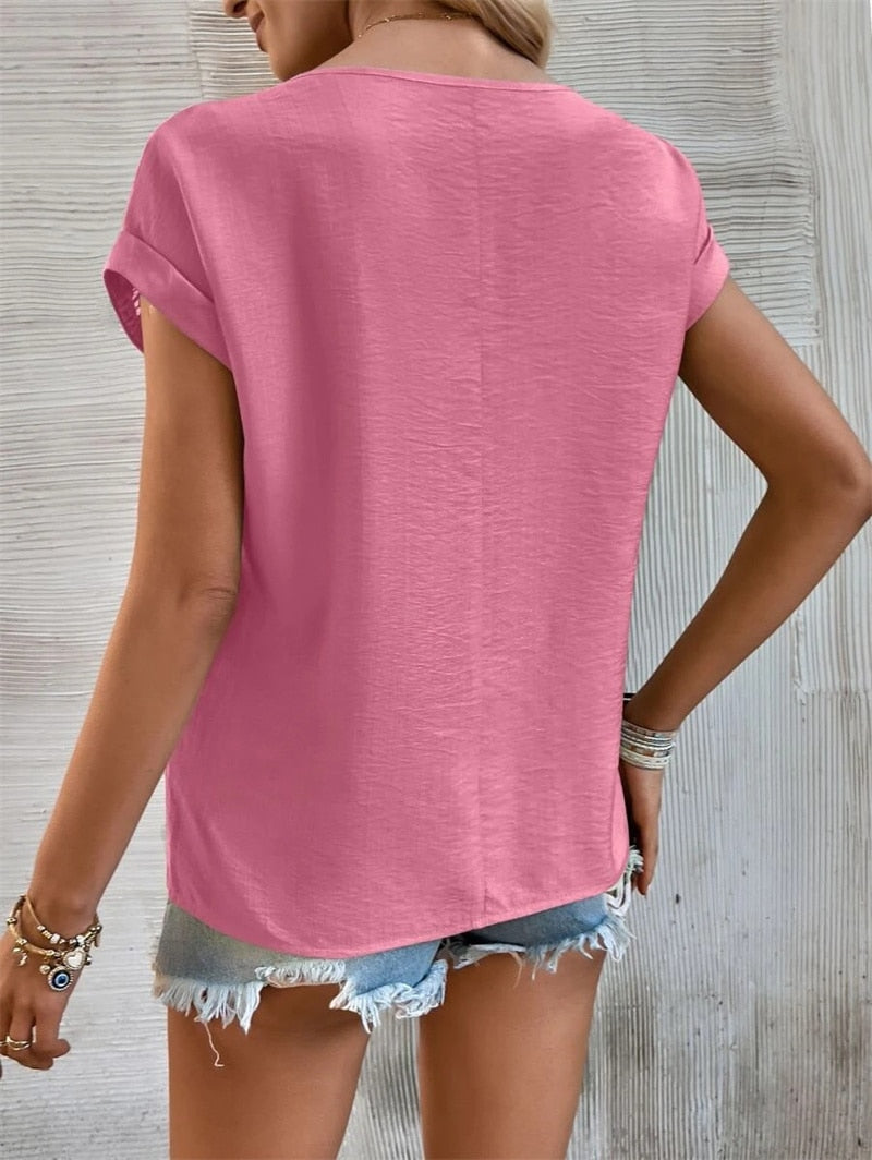 Solid Color Hollow Out Splicing Lace Short Sleeve O Neck Pullover T-Shirt