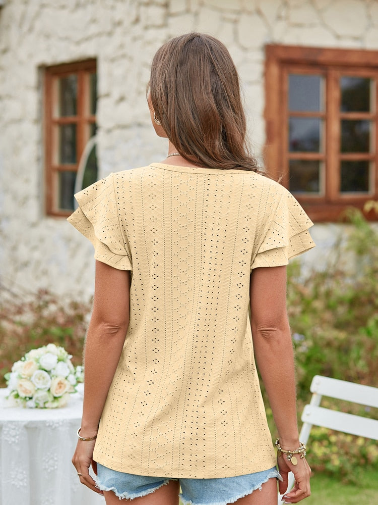 V Neck Short Sleeve Ladies Elegant Casual T-Shirts