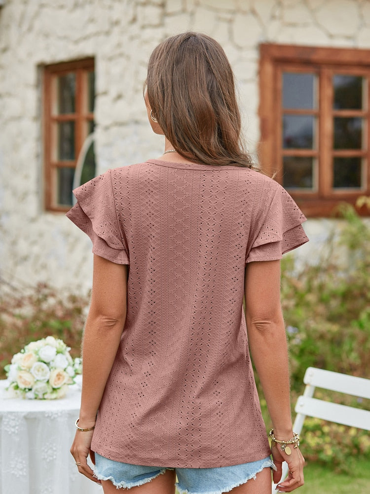 V Neck Short Sleeve Ladies Elegant Casual T-Shirts