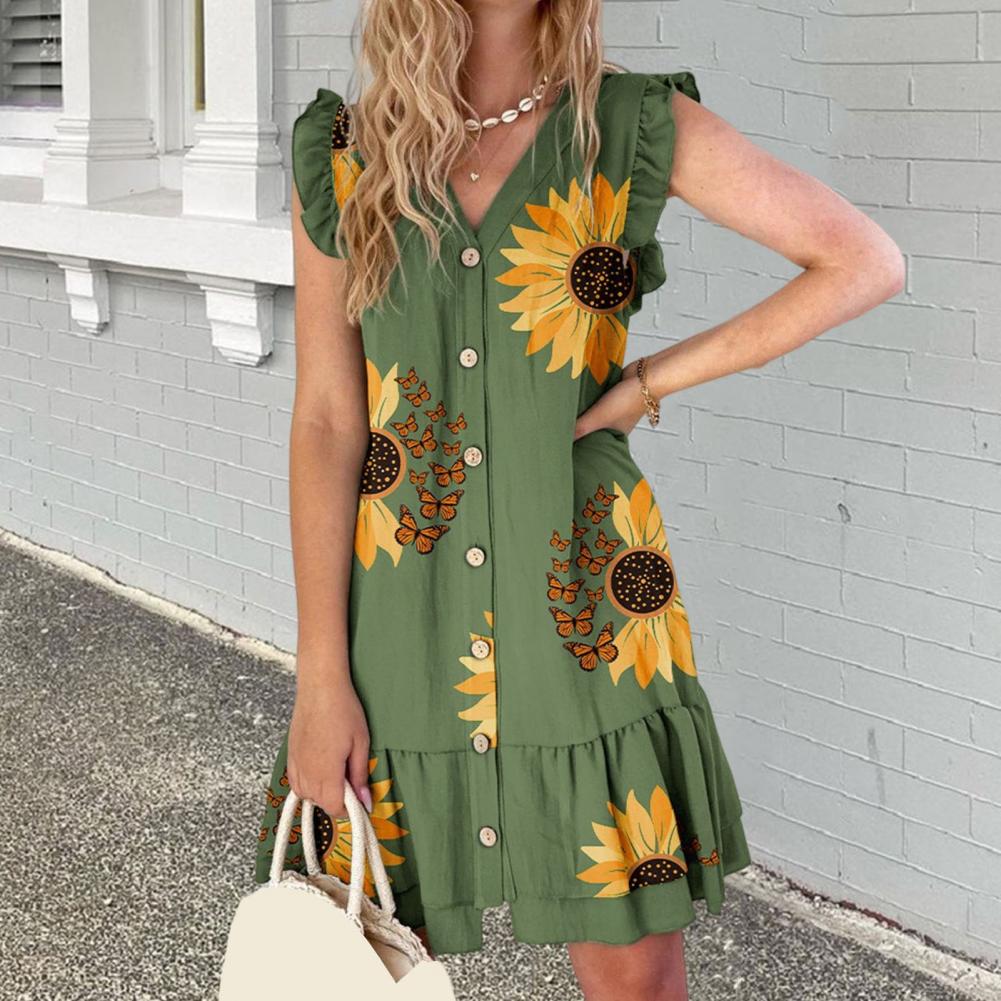 Elegant V Neck Lace Up Printed Short Sleeve Ruffle Design Flower Mini Dress