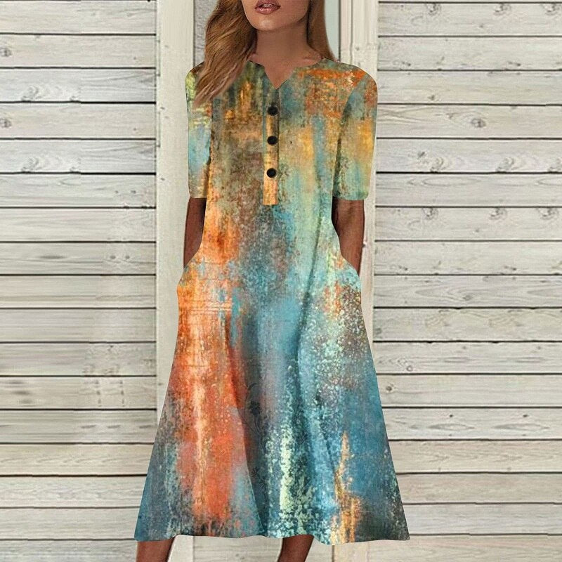 Vintage Casual Floral Print A-Line Short Sleeve Pocket Boho Dress