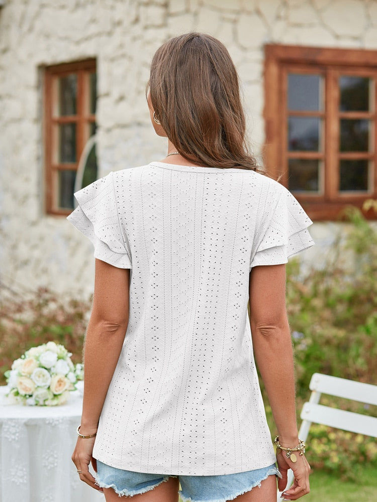 V Neck Short Sleeve Ladies Elegant Casual T-Shirts
