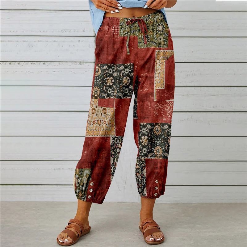 Pocket Loose Drawstring High Waist Retro Print Pants