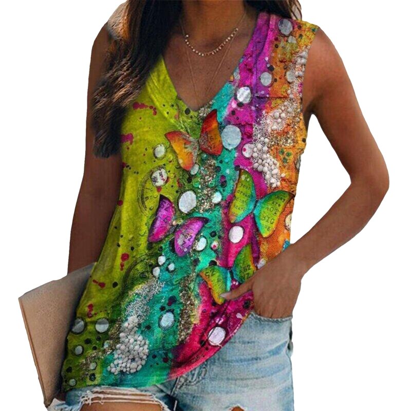 Sleeveless Multi-pattern Print V-neck Loose Tank Top
