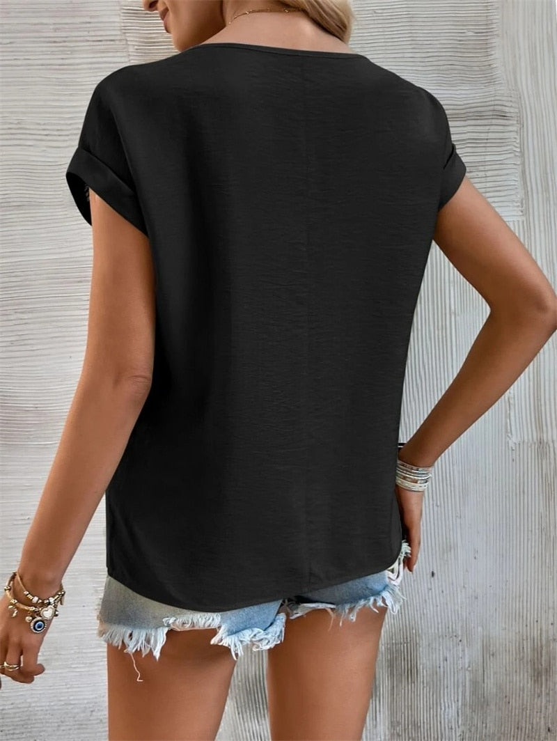 Solid Color Hollow Out Splicing Lace Short Sleeve O Neck Pullover T-Shirt